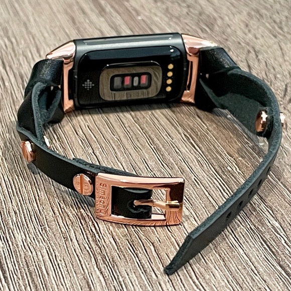 Black Leather Slim Strap Fitbit Charge 5 Band Rose Gold Jewelry Women Bracelet - Picture 2 of 8